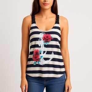 Sugar High Navy White Striped Tank Top Anchor Rose Graphic Ruffle Strap Medium